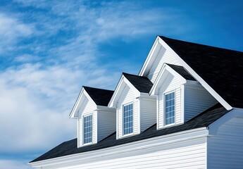 White house with black roof and dormer windows under blue sky.