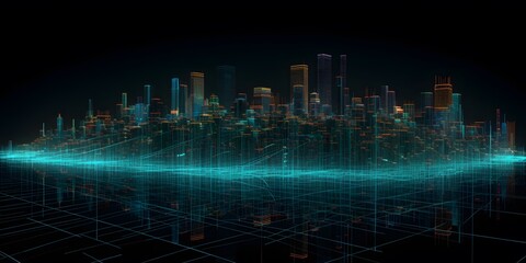 Obraz premium Futuristic city skyline with digital network overlay