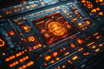Futuristic control panel with glowing orange displays.