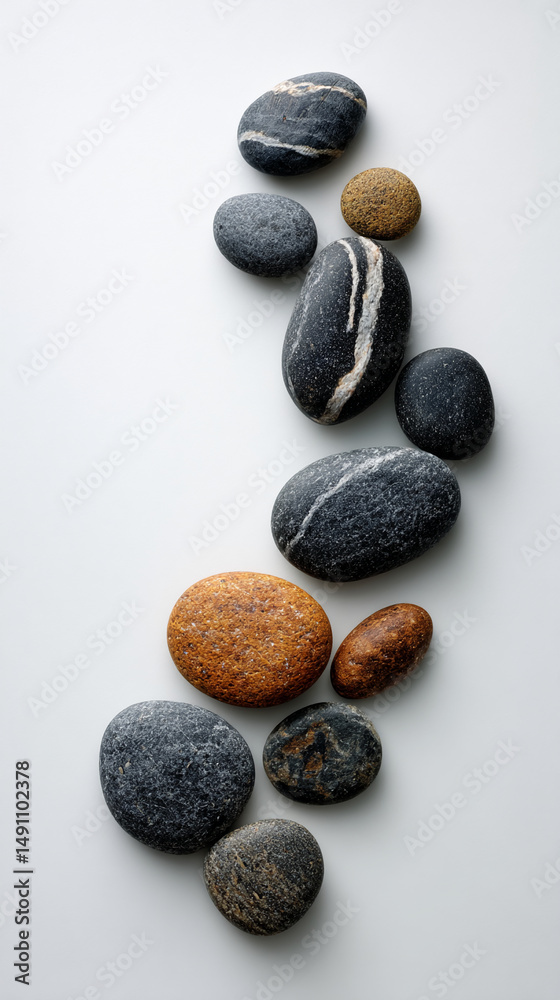 Poster smooth gray and brown stones arranged in a curve on white background, showcasing simplicity, balance