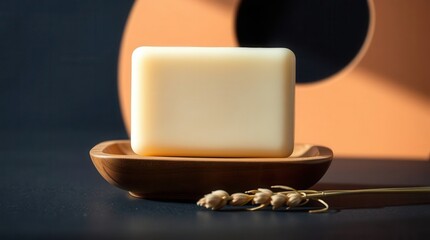 Simple elegant soap bar on a wooden soap dish in a spa setting for luxurious self care products