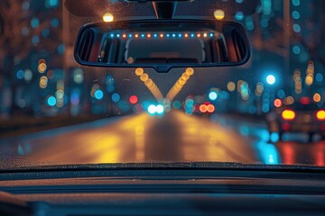 Nighttime city street view reflected in car's interior rearview mirror.