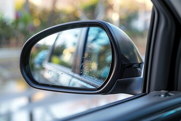 Closeup view of a car's side mirror reflecting a blurred urban scene.
