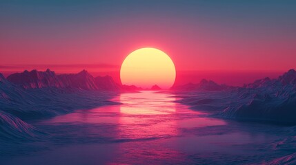 Vivid sunset over a rippling river valley.