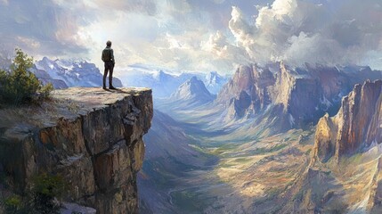 Obraz premium Solitary explorer gazing at a breathtaking mountainous vista from a cliff edge