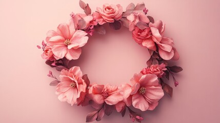 Delicate floral wreath design on a soft pink backdrop.