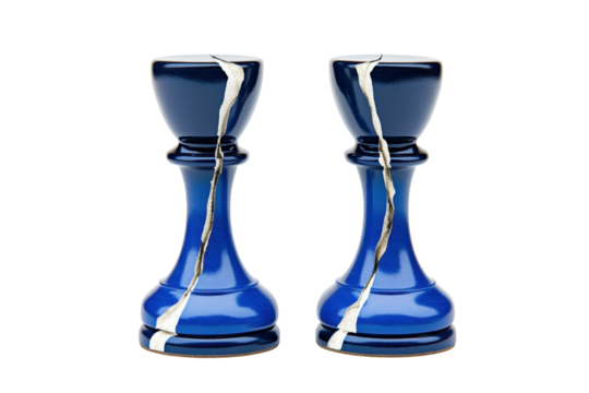 Two blue chess pawns with cracks, isolated on transparent background. Glossy finish, detailed texture, studio lighting.  A concept of fragility or conflict.