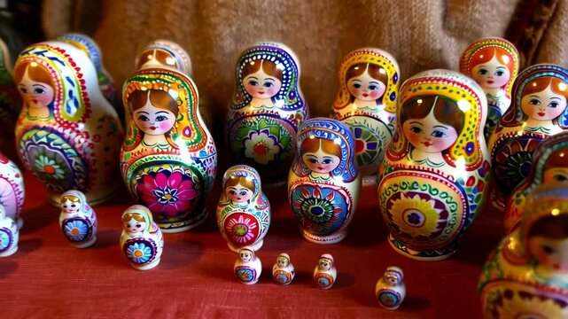 Collection of painted wooden matryoshka dolls with floral patterns and smiling faces, showcasing various sizes and vibrant colors, traditional folk art