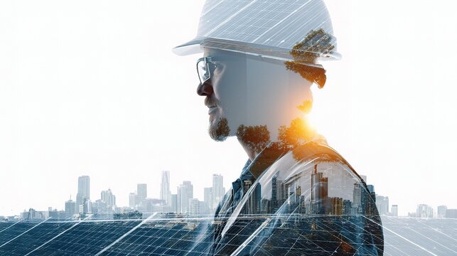 Solar Energy Engineer Overlooking City with Solar Panel Array