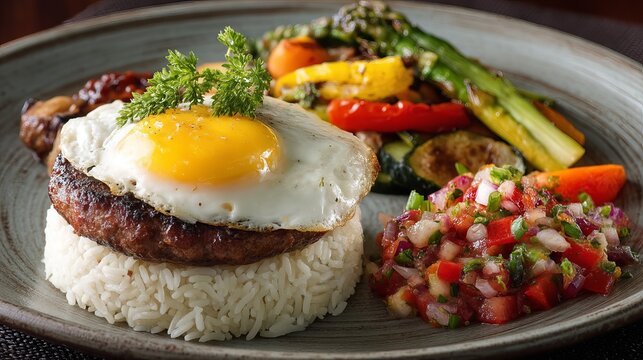 Loco moco hawaiian dish recipe: delicious burger patty with fried egg and rice food photography ideas