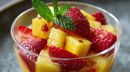 Delicious fruit salad recipe with pineapple and strawberries in a glass bowl, healthy dessert idea, fresh food