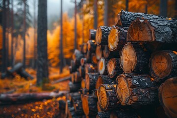 Autumn forest with stacked firewood