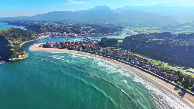 Ribadesella village in Asturias aerial view with Sella river skyline