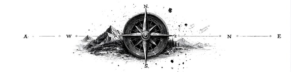 Compass and Mountains: A stylized grayscale illustration featuring a compass nestled amidst mountain peaks, symbolizing adventure, exploration, and direction-finding.
