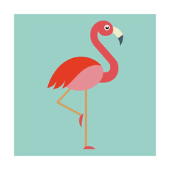Flat design illustration of a vibrant flamingo standing on one leg in front of a blue background