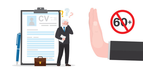 Unhappy elderly man with cv. Job restrictions, employer hand in gesture - stop, job seeker too old. Senior adult with resume. Age discrimination, ageism.