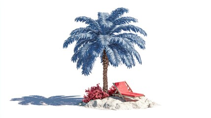 Relaxing Tropical Scene with Palm Tree Red Lounger and Sandy Beach for Vacation and Leisure C