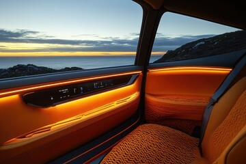 Interior view of a vehicle showcasing orange accents and lighting.