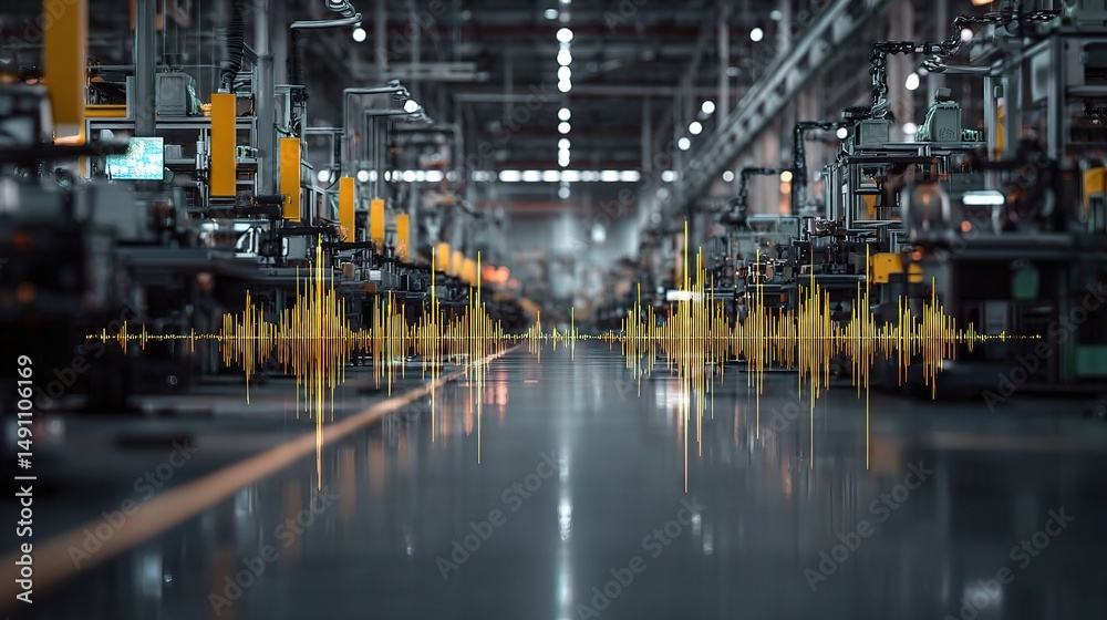 Poster digital waveform overlay in modern factory assembly line setting