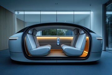 Futuristic, self-driving vehicle interior, modern design.