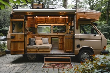 A customized camper van, interior view, showcasing natural wood accents.