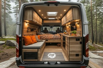 Interior view of a customized camper van.