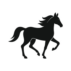 Elegant black silhouette of a running horse on a clean white background for design