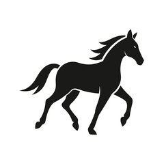 Elegant black silhouette of a running horse in motion on a clean white background