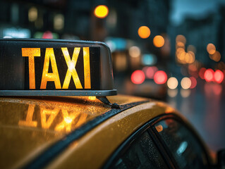 Taxi in Urban Nightlife: Vibrant Yellow Cab with Glowing Indicators on Wet Pavement in Modern City