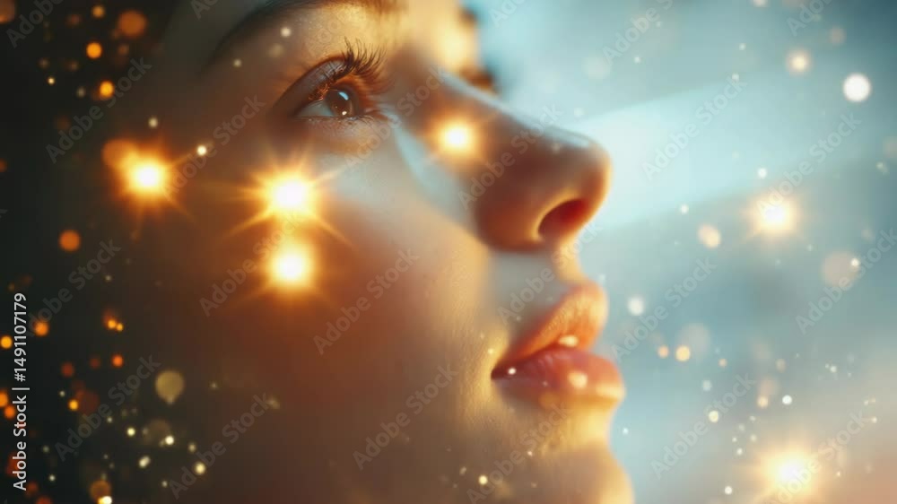Poster close-up portrait of a woman's face with stars in the background, suitable for editorial or artistic
