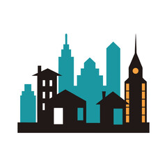 Fototapeta premium Flat design city skyline with teal and black buildings against a white background