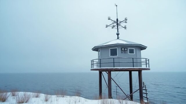 Polar weather station on the shore of the sea
