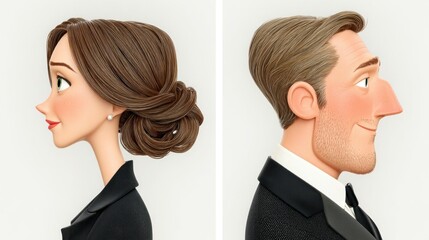 Professional Business Attire Side Profiles of a Man and Woman in Formal Wear with Detailed Hai