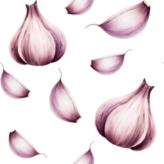 Garlic bulb and clove seamless pattern. Watercolor hand drawn illustration isolated on transparent background. For designers, menu, decoration, food blog, ecofriendly branding. Healthy eating concept