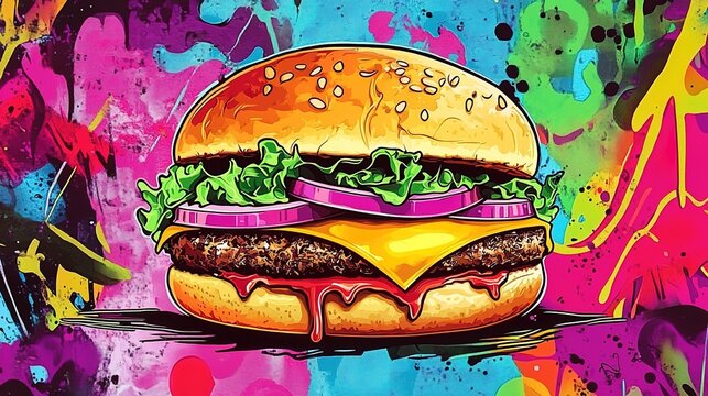 An artistic illustration of a burger with fresh ingredients on a colorful graffiti-style background.