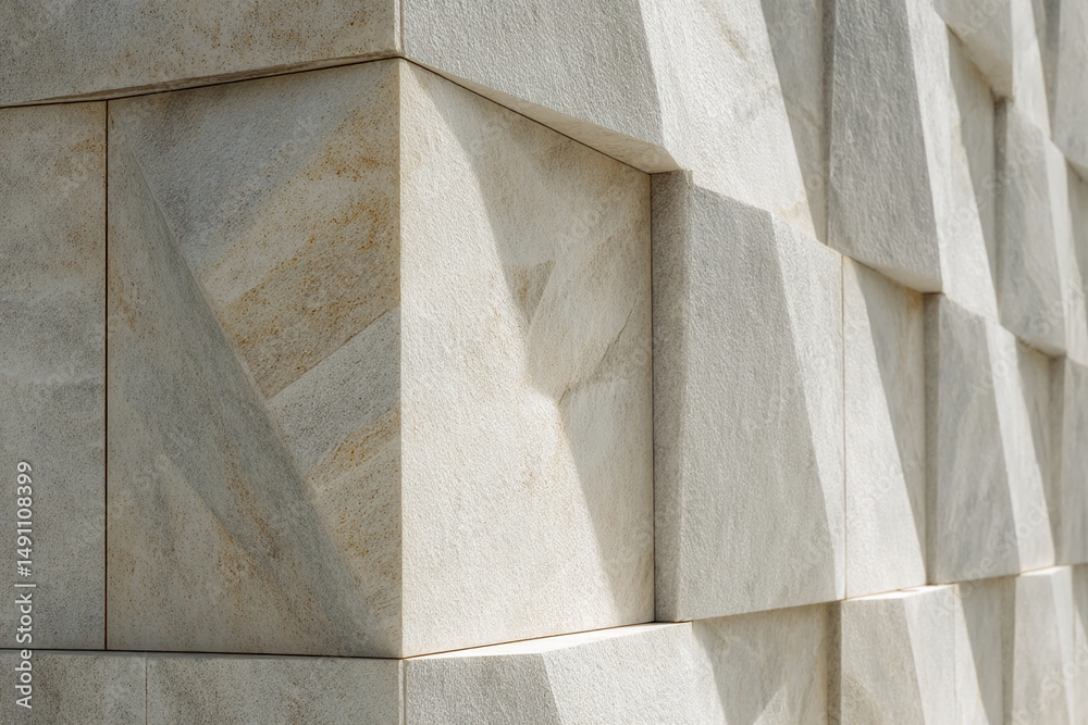 Poster close-up of light beige stone wall texture, geometric cubic pattern, creating a modern architectural