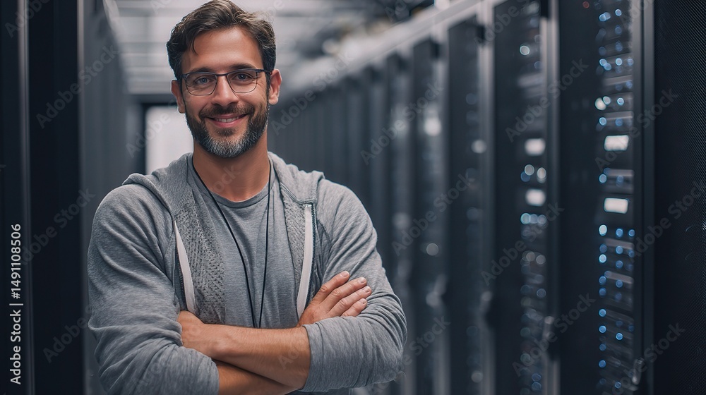 Poster technician in data center with server racks overlays smiling