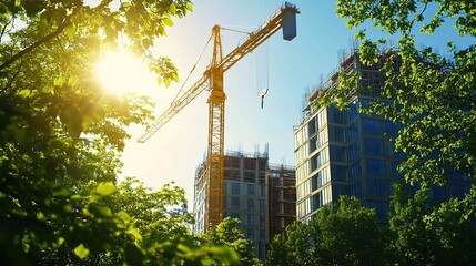 A construction site with a yellow tower crane, blue sky with clouds, green trees, and partially-constructed high-rise buildings under sunlight.