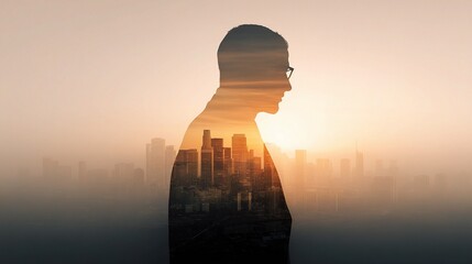 Silhouette of Corporate Leader Against City Skyline at Sunrise