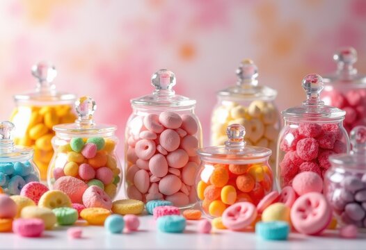 colorful candy assortment translucent jars chewy gummies lollipops hard candies sweet treats bright confectionery, gummy, baking, flavor, packaging, delight
