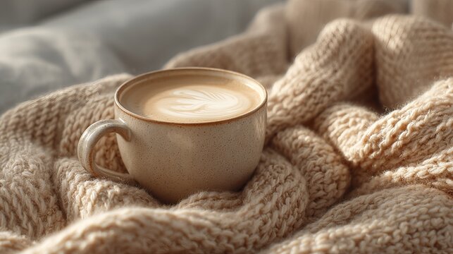 Cozy coffee time: latte art in mug on knitted blanket for warm winter morning aesthetic background