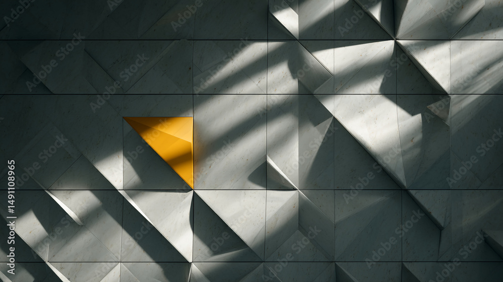 Poster geometric gray tile wall with yellow triangle centerpiece, showcasing interplay of light and shadow,