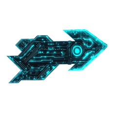 Futuristic Arrow with Digital Overlays in Neon Cyan Isolated on Transparent Background