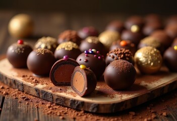 Obraz premium handcrafted chocolate truffles artisan confectionery gourmet treats rustic wooden board decorative display, candy, cocoa, smooth, decadent, luxury