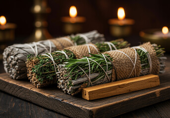 Sage bundles with rosemary and thyme wrapped in burlap on a wooden board with candles in the background for smudging ceremony