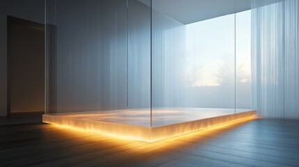 Modern, minimalist interior design with warm lighting accents.