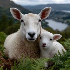 Obraz premium Mother sheep and lamb resting in a field