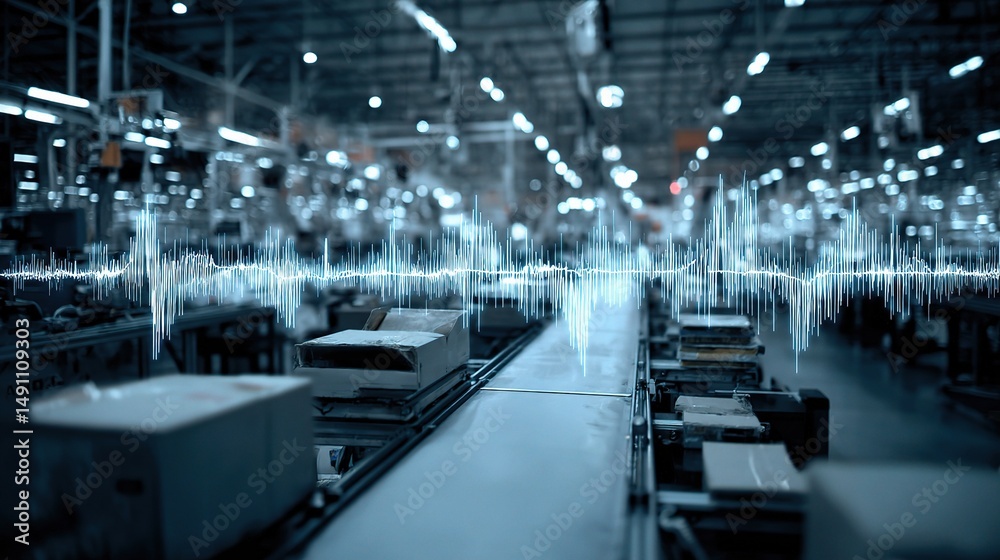 Poster digital waveform overlay on factory assembly line for visual impact