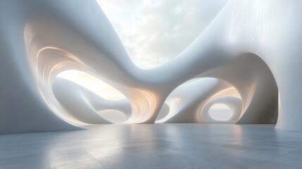 Abstract architectural interior, white, flowing forms.