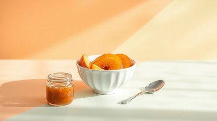 Preserved fruit in a bowl with fruit spread and a spoon on a bright table with a colorful background.